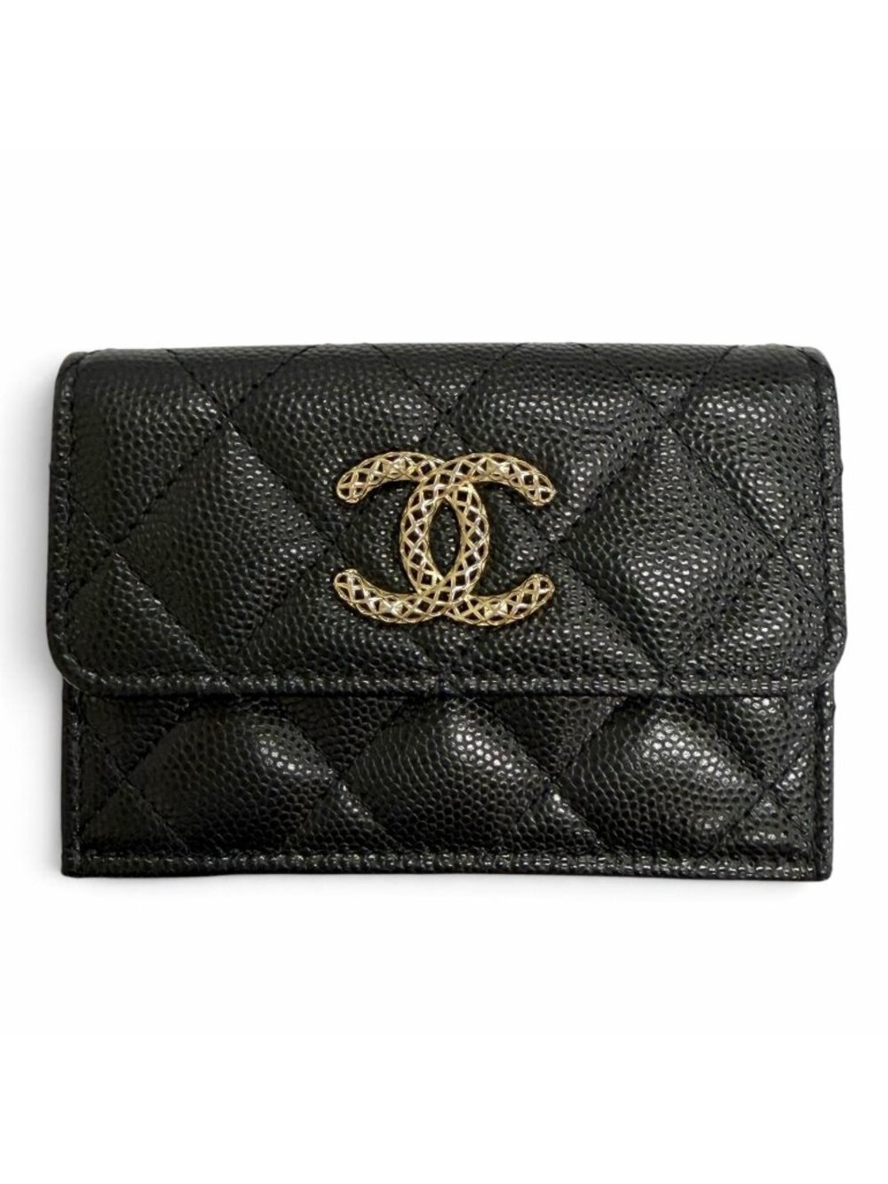 Chanel Caviar Leather CC Logo Quilted Classic Small Flap Wallet Trifold Black